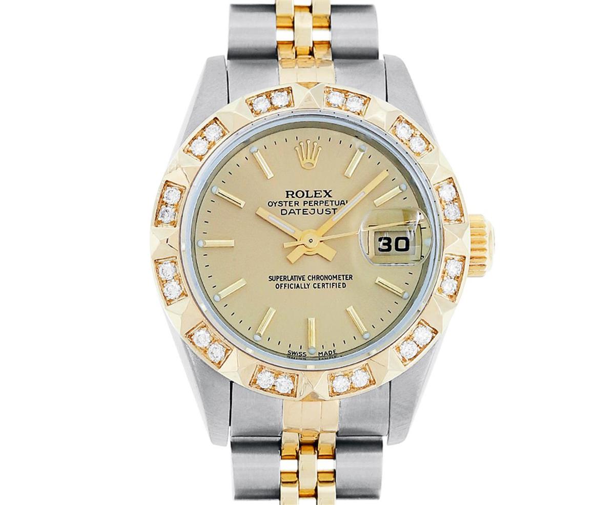 Rolex Ladies Quickset 2T 18K & Steel Champagne Index Dial Diamond Pyramid Bezel