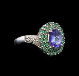 14KT White Gold 1.53 ctw Tanzanite, Emerald and Diamond Ring