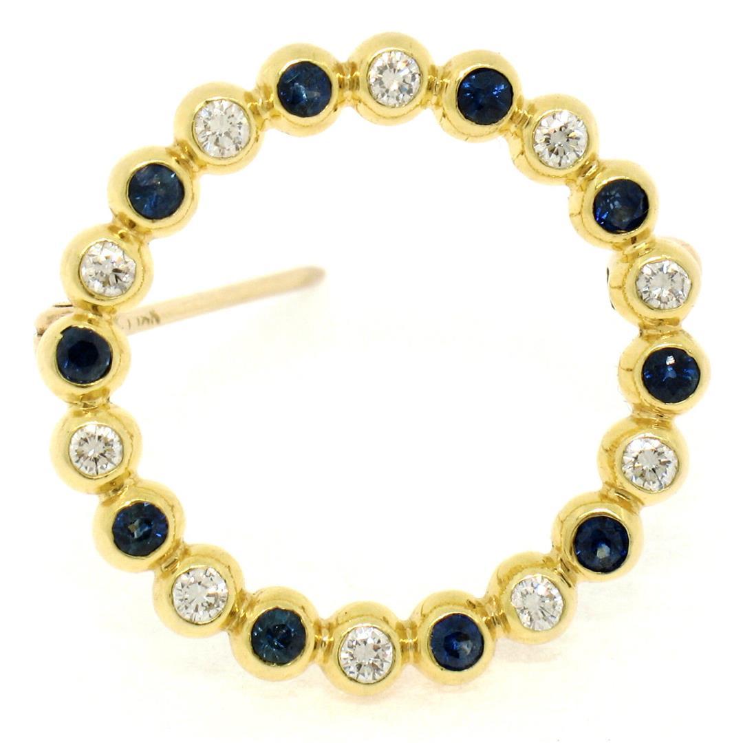 18k Yellow Gold.70 ctw Bezel Round Sapphire & Diamond Circle of Life Pin Brooch