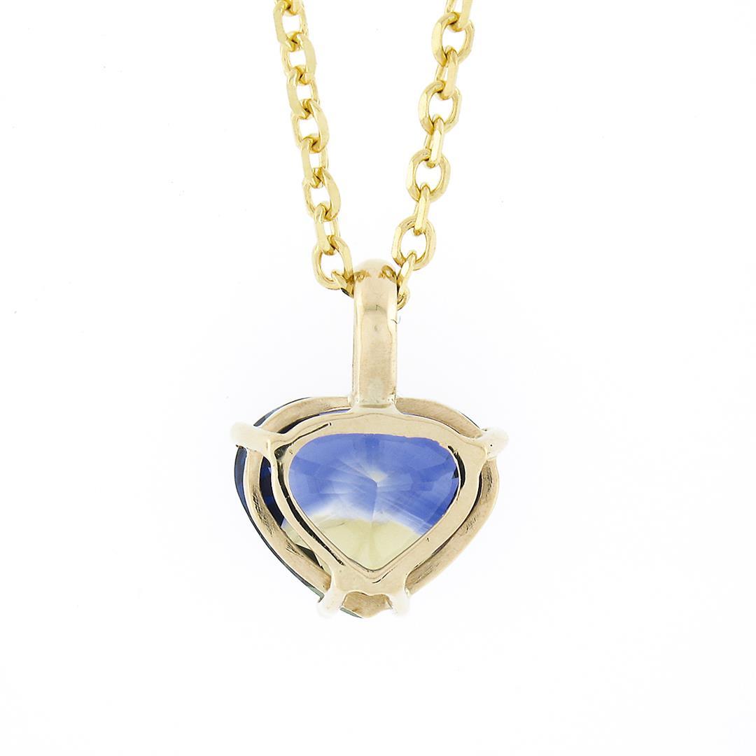 New 14K Gold GIA Zoned Blue & Yellow Heart Sapphire Solitaire Pendant Necklace