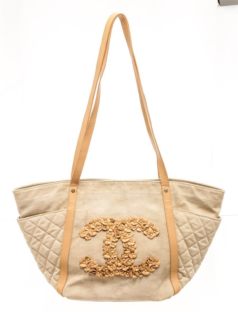 Chanel Beige Canvas CC Camelia Shoulder Bag