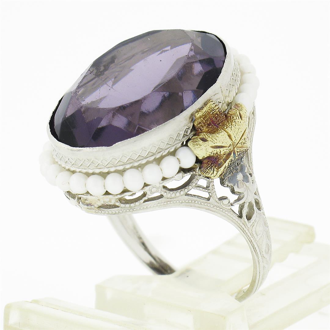 Antique 10K TT Gold Oval Bezel Purple Stone Seed Pearl Halo & Open Filigree Ring