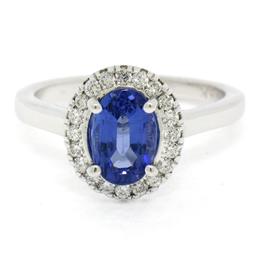 Petite 14k White Gold 1.58 ctw Violet Blue Oval Tanzanite Round Diamond Halo Rin