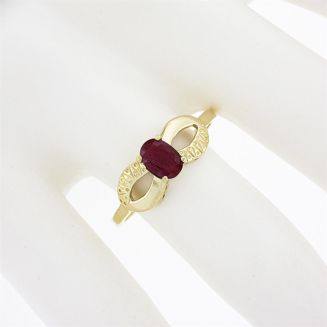 14k Yellow Gold 0.70 ctw Oval Ruby Solitaire Dual Finish Open Infinity Sides Rin