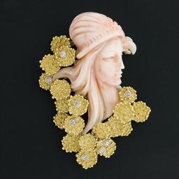 Vintage Carved Woman Angel Skin Coral.24 ctw Diamond 18K Gold Textured Pin Brooc