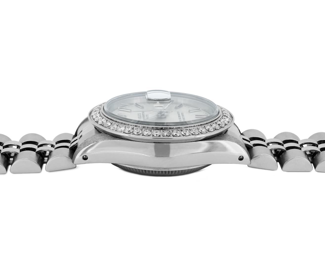 Rolex Ladies Stainless Steel Quickset Silver Index Diamond Bezel Date Watch With
