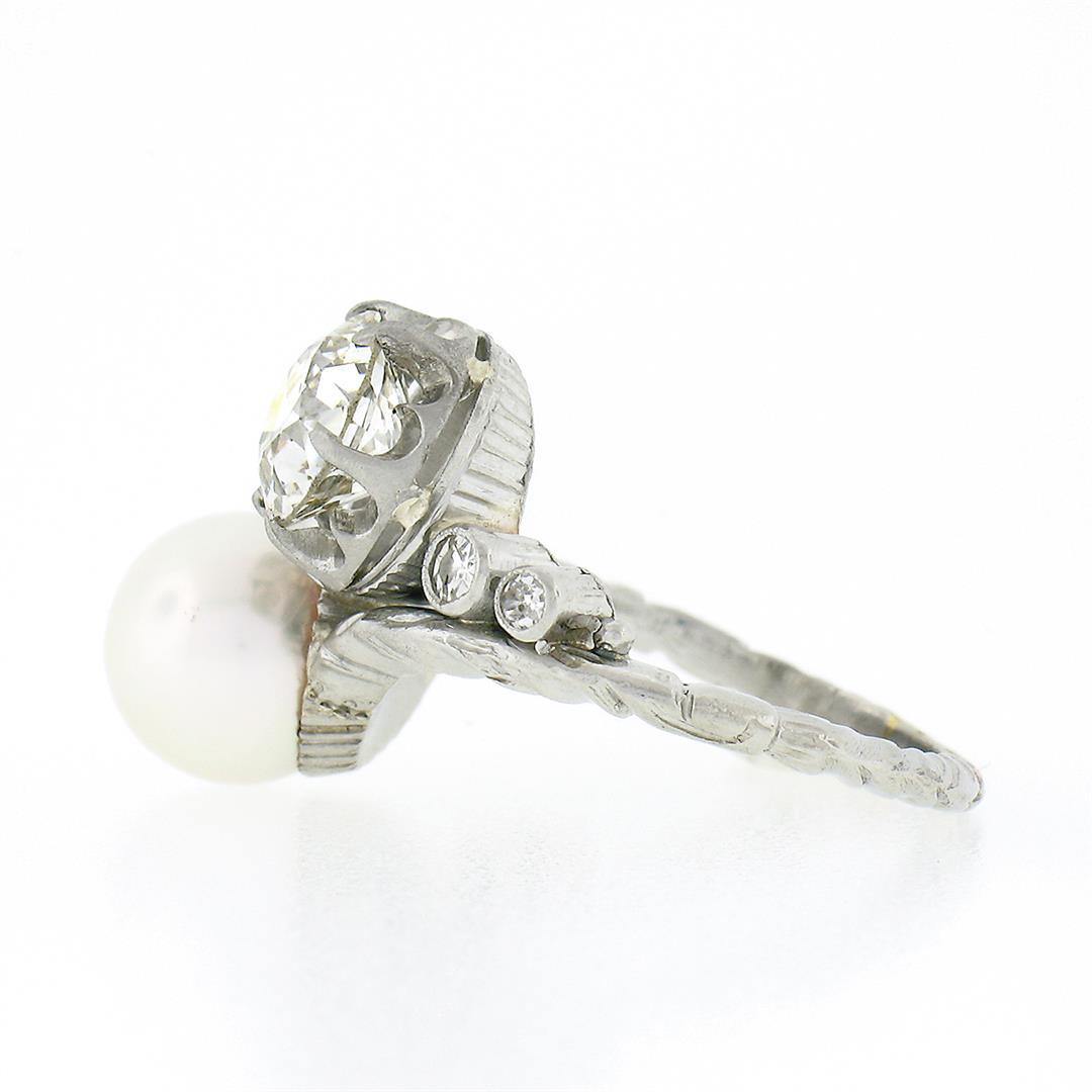 Antique Platinum 1.50 ctw GIA European Diamond Cultured Pearl Textured Bypass Ri