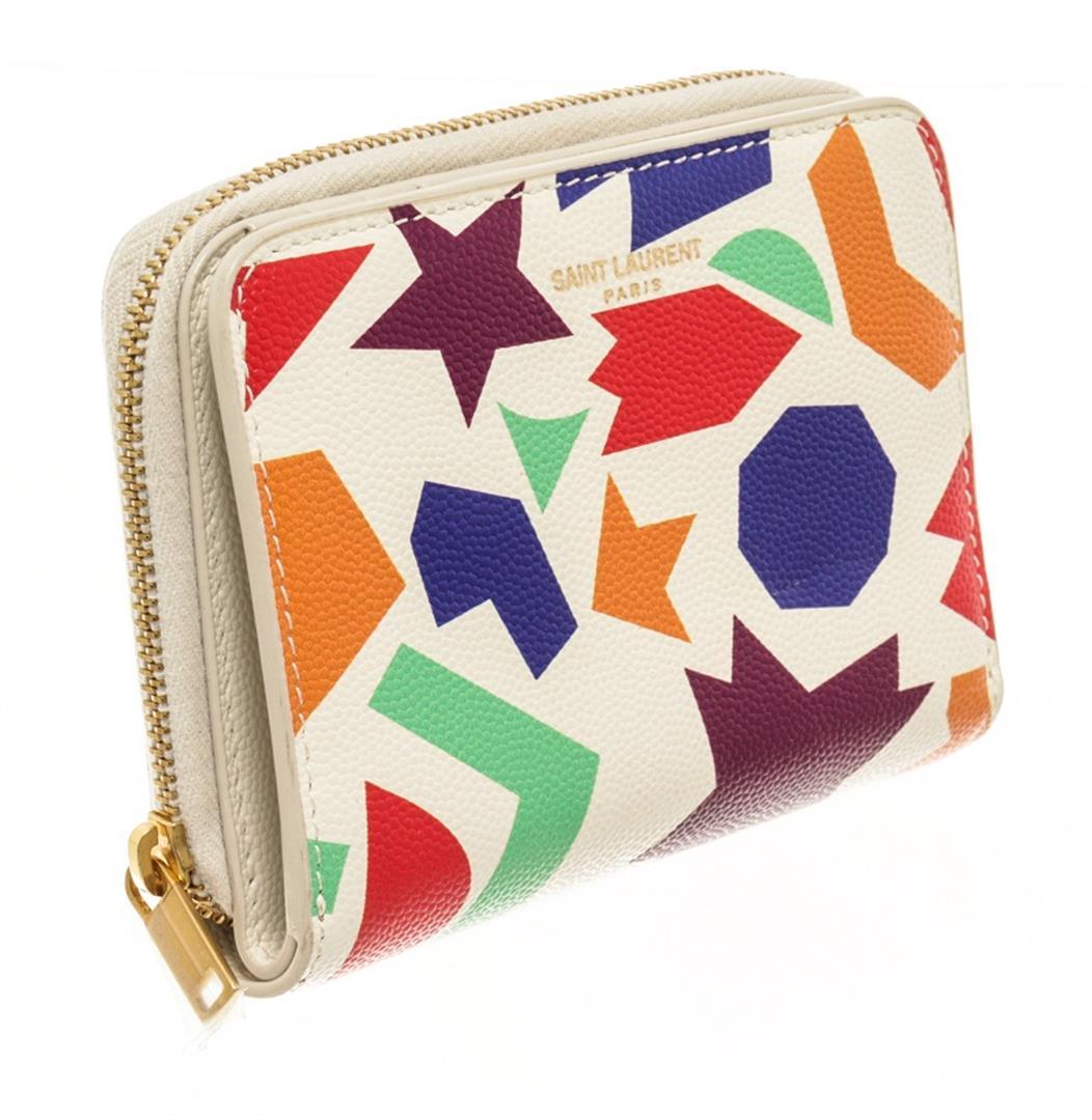 YSL Saint Laurent White Multicolor Pebbled Leather Compact Zippy Wallet