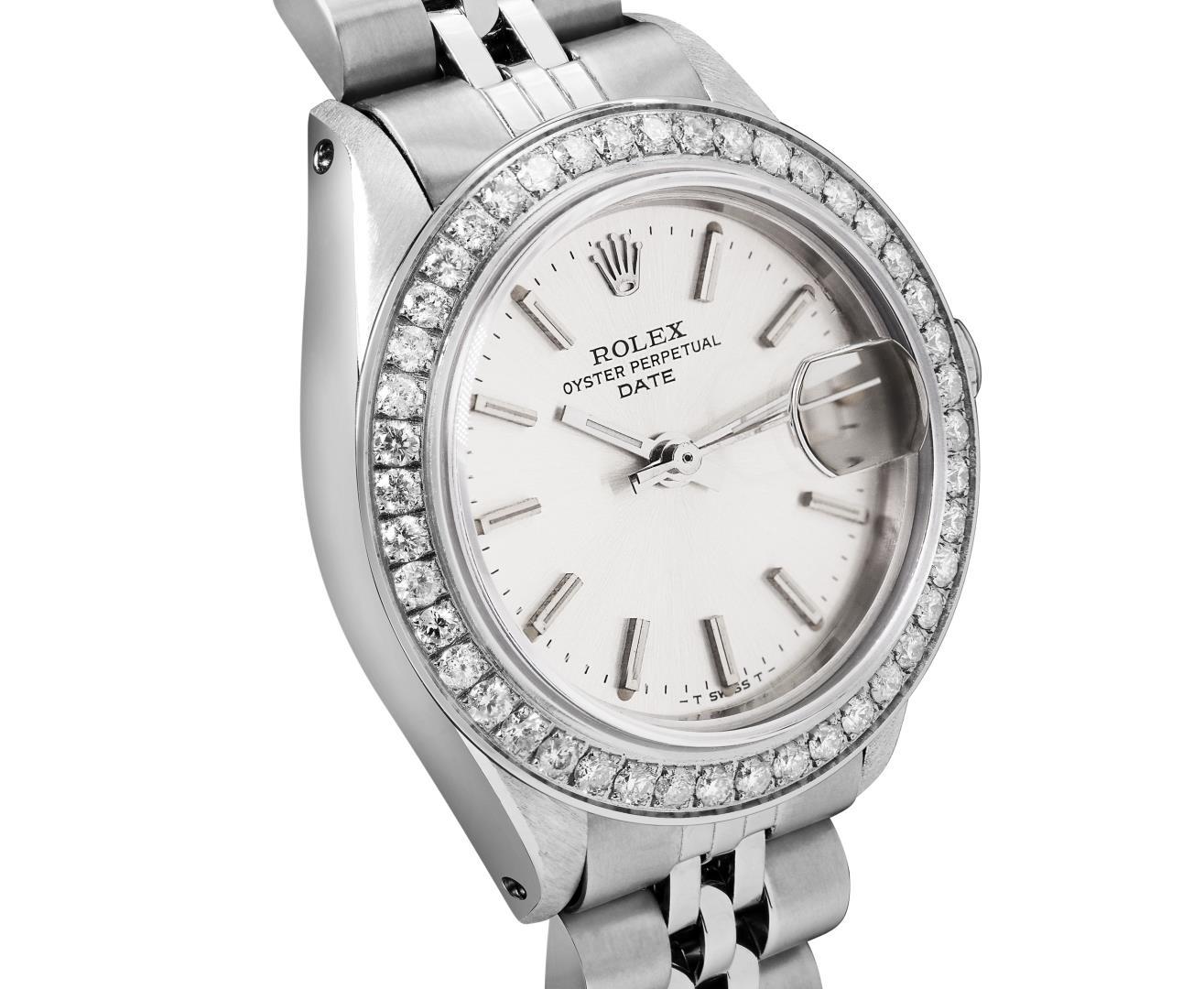 Rolex Ladies Stainless Steel Silver Index Diamond Bezel Date Wristwatch With Rol