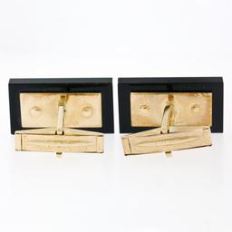 14K Yellow Gold Rectangular Cut Black Onyx Florentine Finish Swivel Cuff Links