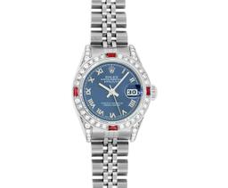 Rolex Ladies Quickset Stainless Steel Blue Roman 18K White Gold Diamond & Ruby B