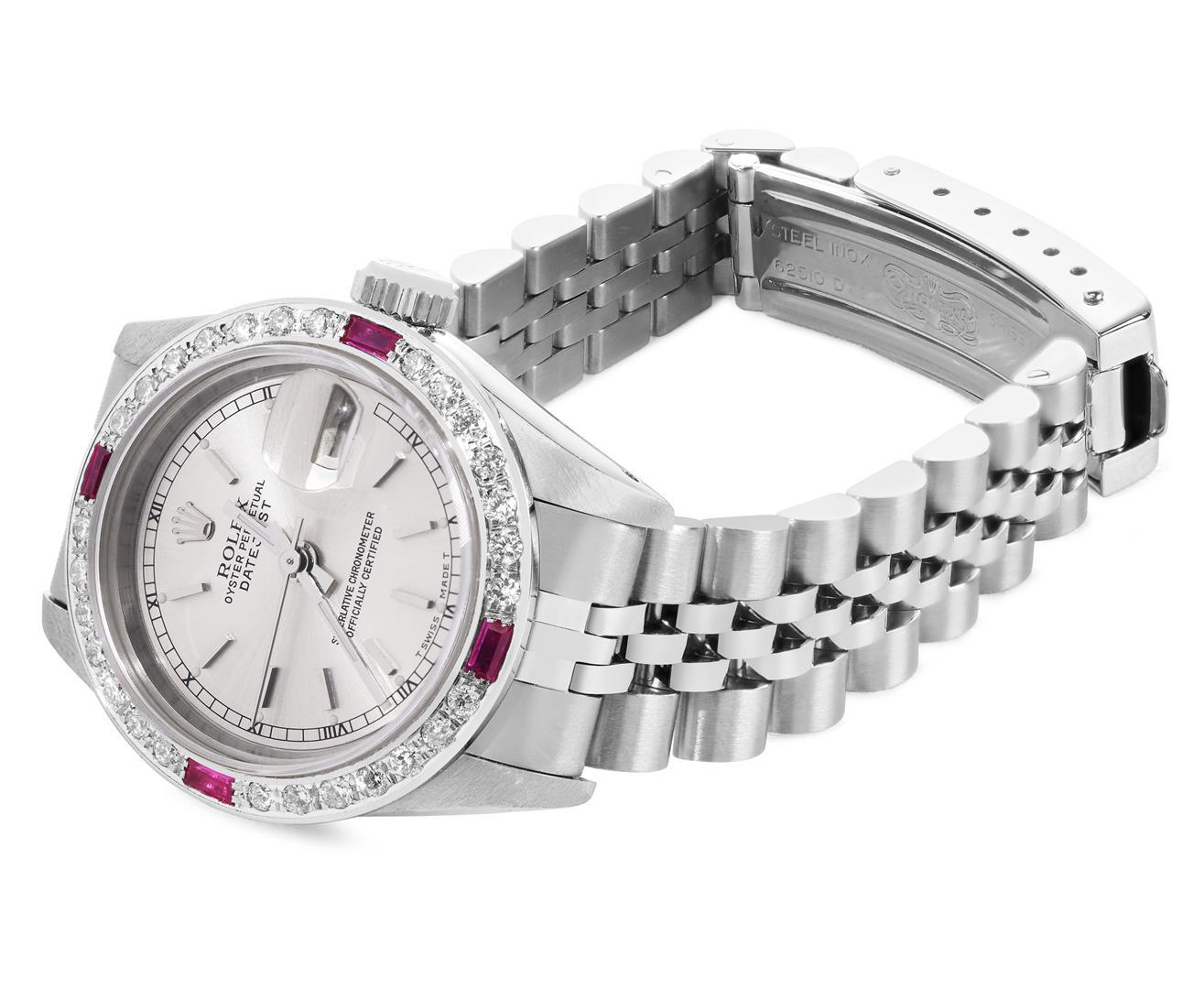 Rolex Ladies Quickset Stainless Steel 18K White Gold Diamond And Ruby Datejust W