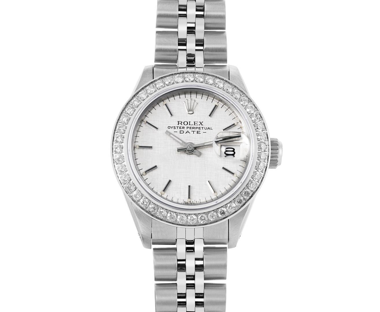 Rolex Ladies Stainless Steel Silver Index Steel Diamond Bezel Date Watch With Ro