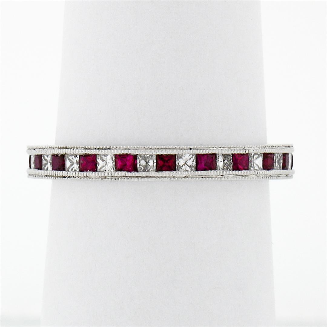 New .900 Platinum .92 ctw Calibre Ruby Diamond Double Milgrain Eternity Band Rin