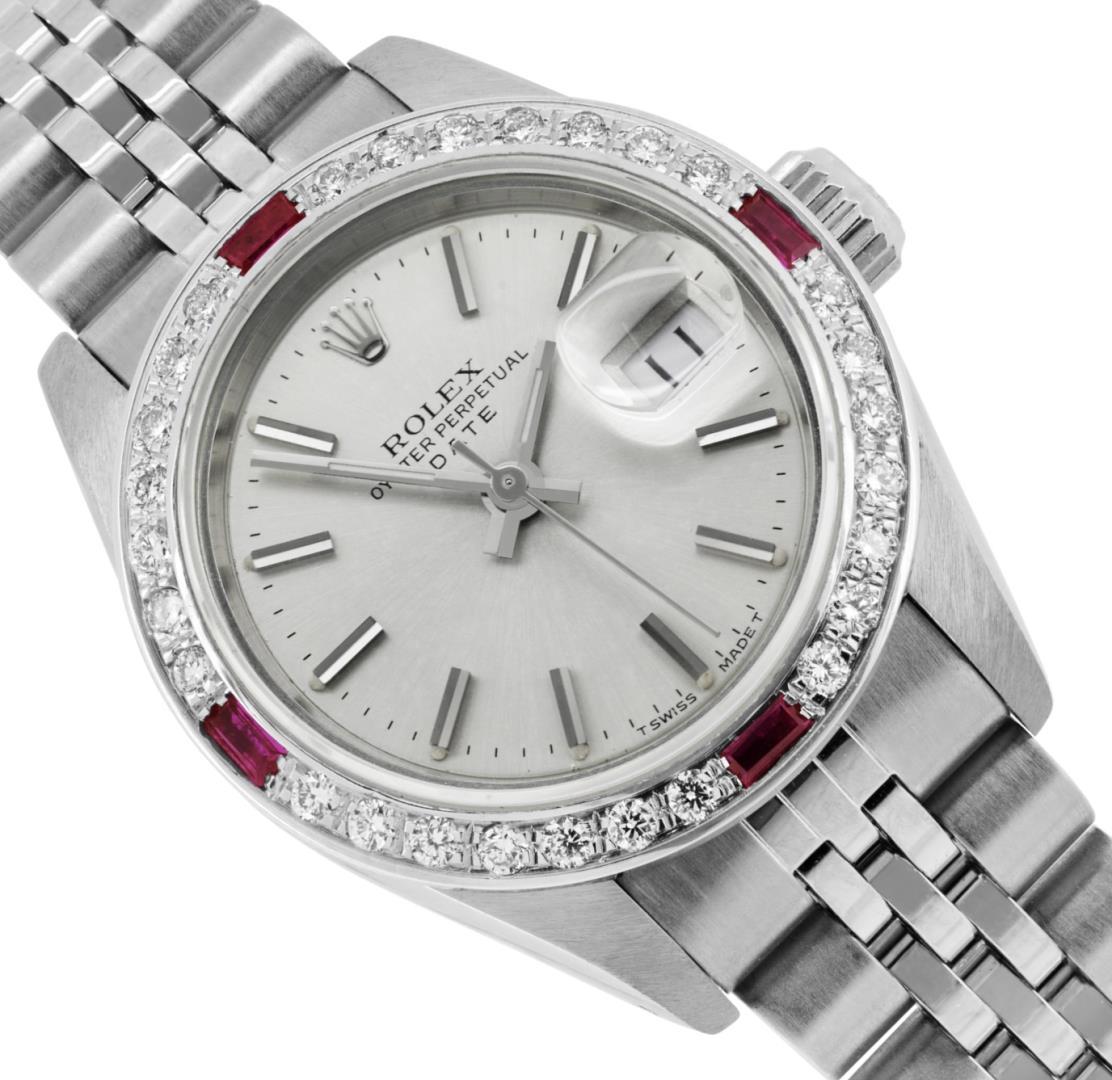 Rolex Ladies Stainless Steel Quickset Silver Index Dial Diamond And Ruby Bezel D