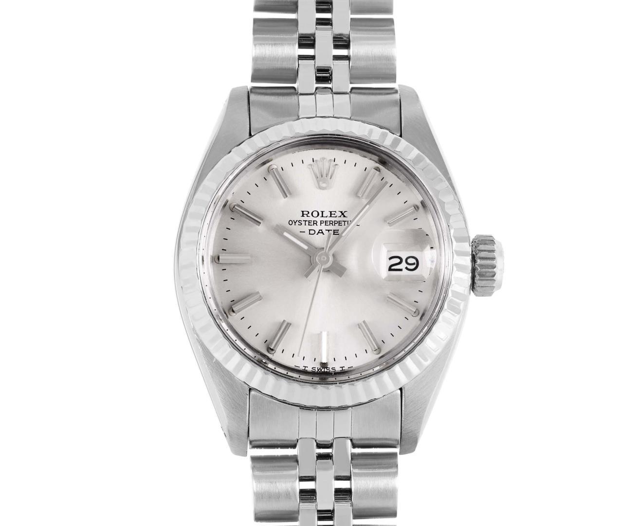 Rolex Ladies Stainless Steel Silver Index Fluted Bezel Date Wristwatch
