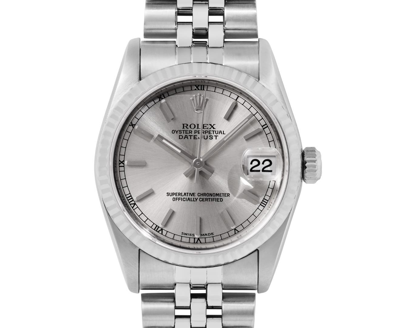 Rolex Ladies Midsize 31MM Silver Index 18K White Gold Fluted Bezel Datejust