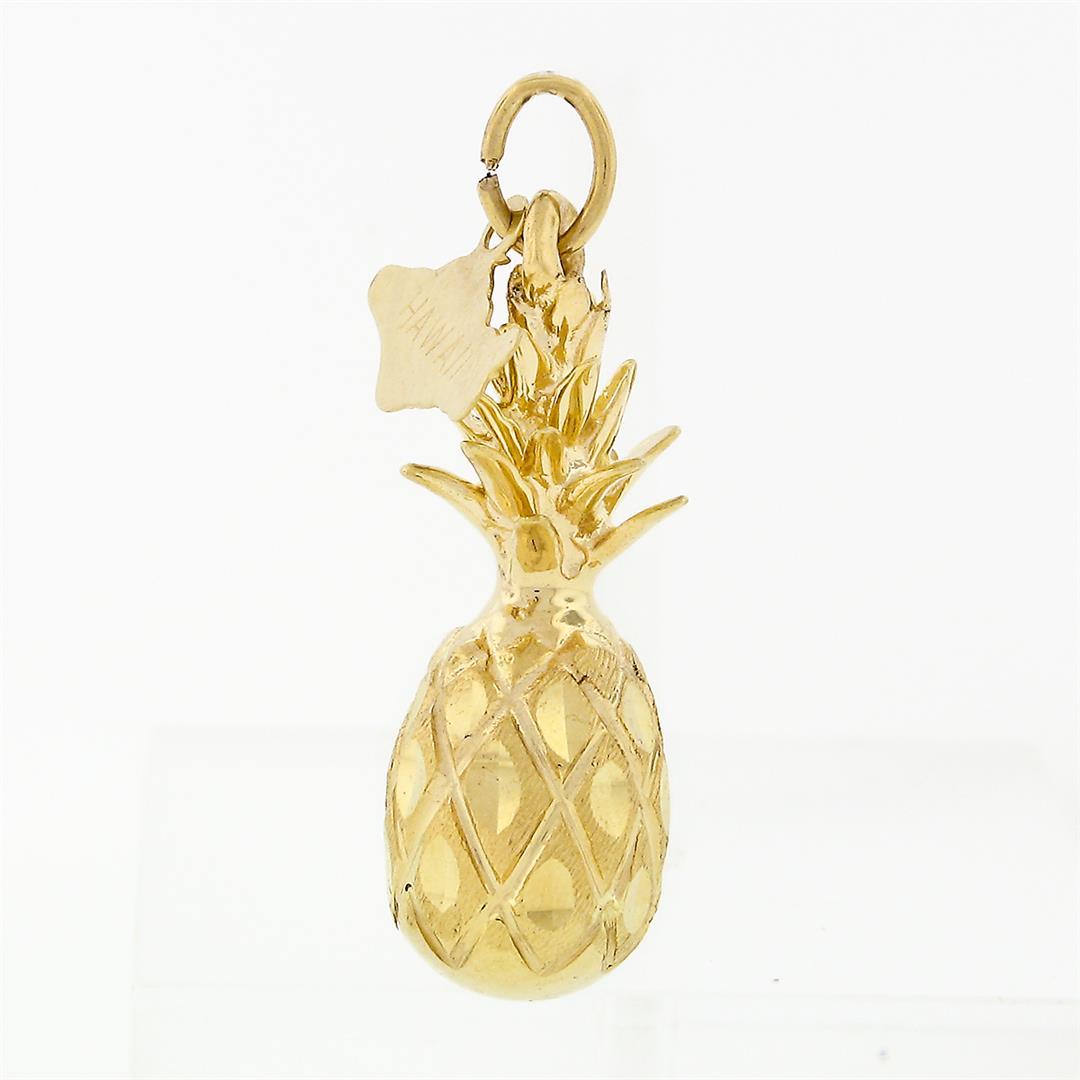 Crea 14k Gold Detailed Textured Diamond Cut 3D Pineapple Hawaii Charm Pendant