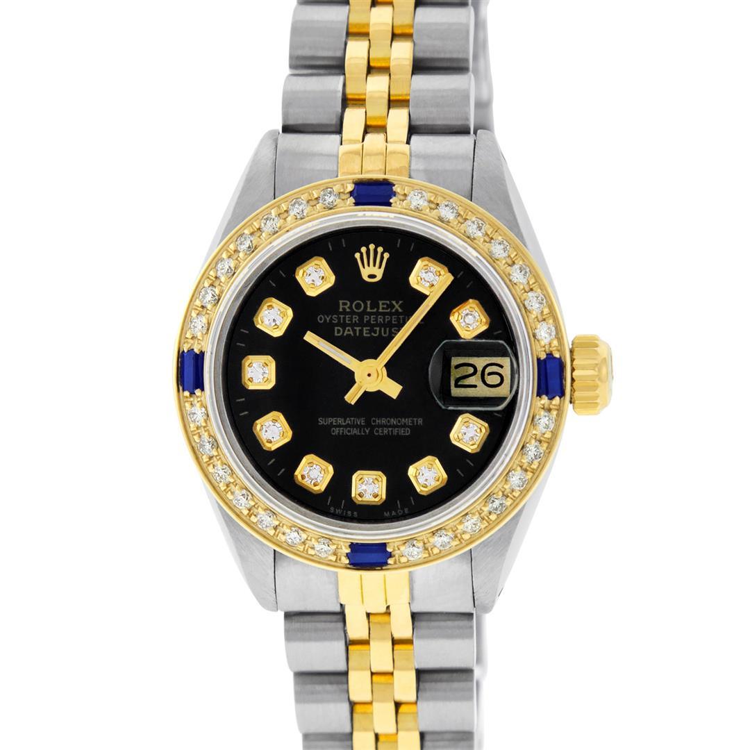 Rolex Ladies Two Tone 18K Yellow Gold And Steel Black Diamond And Sapphire Quick