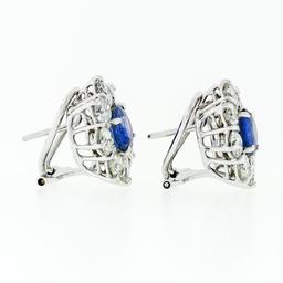 18k White Gold 8.50 ctw GIA Ceylon Sapphire Diamond Halo Flower Cluster Earrings