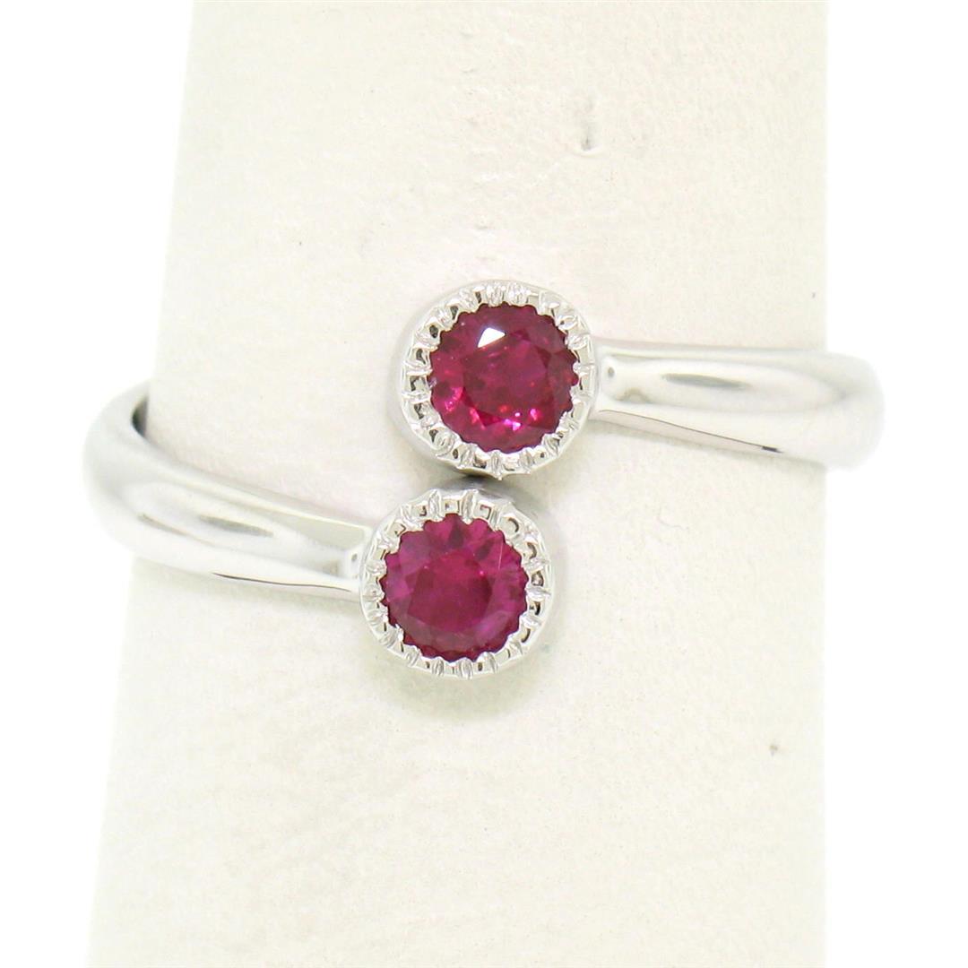 NEW Custom Made 14k White Gold Round Bezel Set Ruby Two Stone Simple Bypass Ring