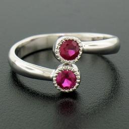 NEW Custom Made 14k White Gold Round Bezel Set Ruby Two Stone Simple Bypass Ring