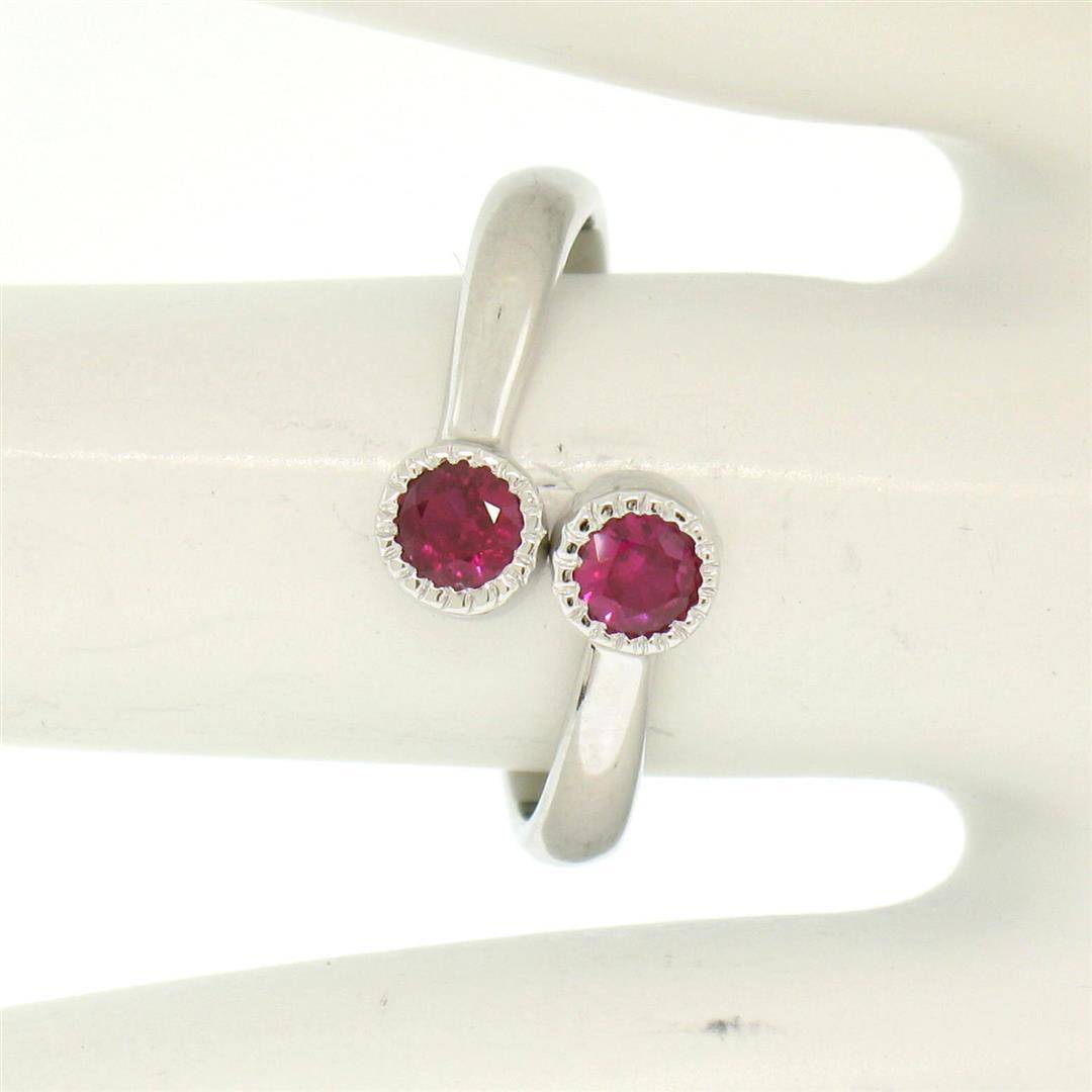 NEW Custom Made 14k White Gold Round Bezel Set Ruby Two Stone Simple Bypass Ring