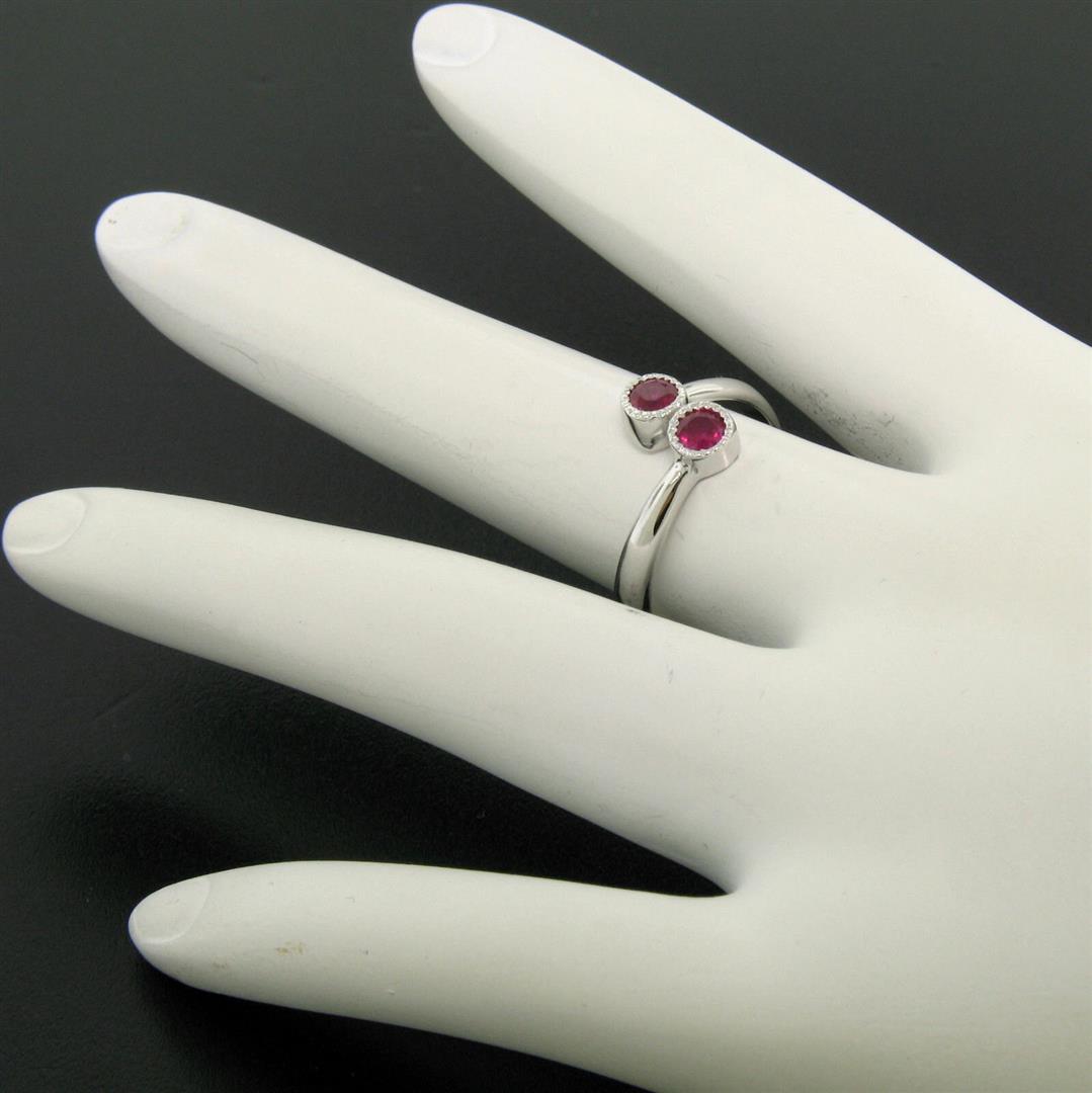 NEW Custom Made 14k White Gold Round Bezel Set Ruby Two Stone Simple Bypass Ring