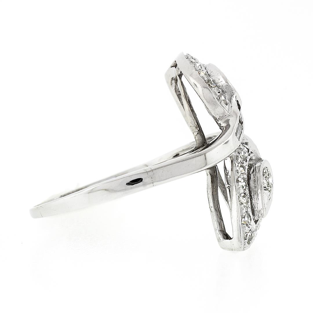 Vintage 14k White Gold 0.84 ctw Round Baguette Cut Diamond Pear Leaf Bypass Ring