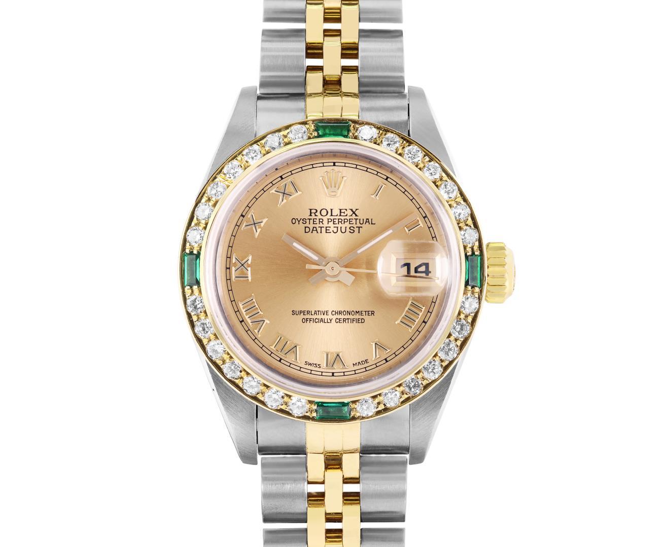 Rolex Ladies Quickset Sapphire 18K Two Tone Champagne Roman Diamond And Emerald