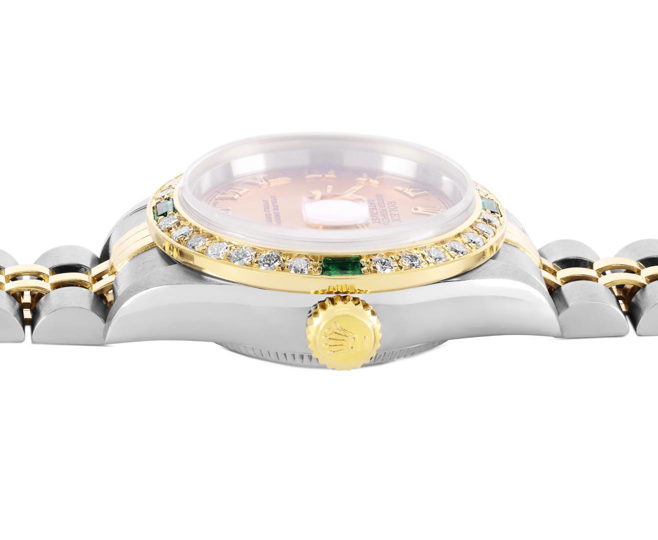 Rolex Ladies Quickset Sapphire 18K Two Tone Champagne Roman Diamond And Emerald