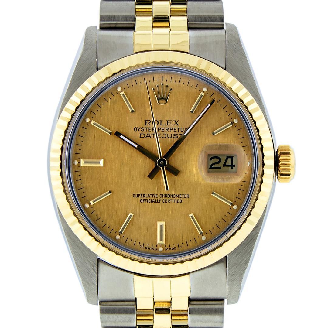 Rolex Mens Quickset 2T Yellow Gold And Steel Champagne Index Datejust Wristwatch