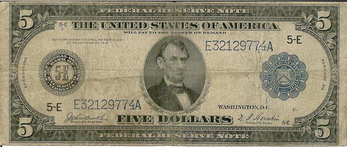 1914 $5 Federal Reserve Bank Note