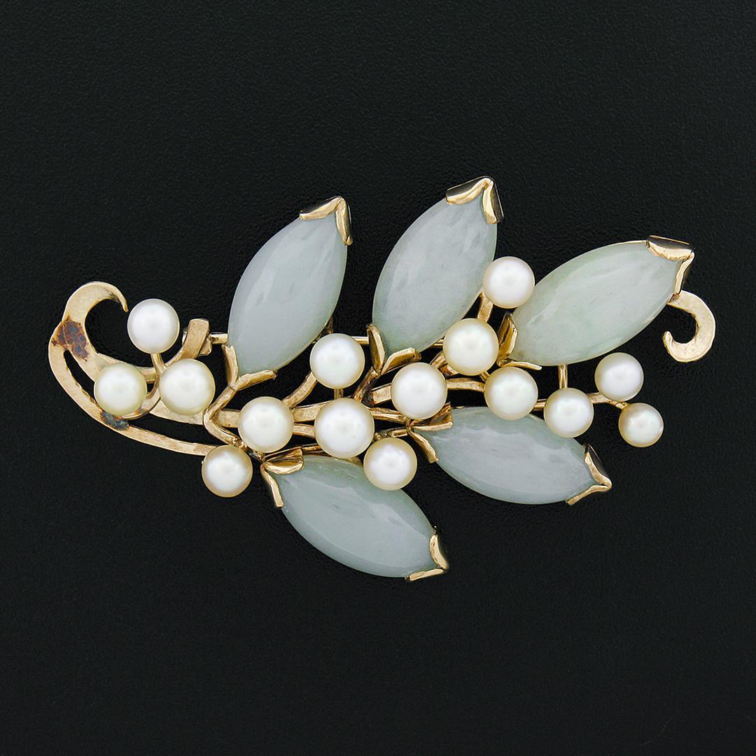 Ming's 14K Gold Marquise Cabochon Jade Cultured Pearl Branch Cluster Pin Brooch