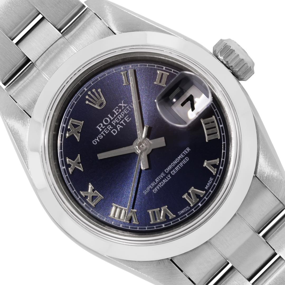 Rolex Ladies Stainless Steel Sapphire Quickset Blue Roman Smooth Bezel Oyster Ba