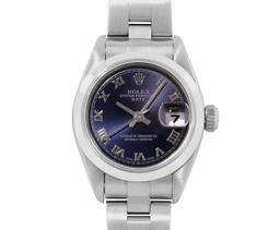 Rolex Ladies Stainless Steel Sapphire Quickset Blue Roman Smooth Bezel Oyster Ba