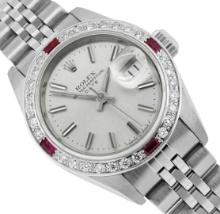 Rolex Ladies Stainless Steel Quickset Silver Index Dial Diamond And Ruby Bezel D