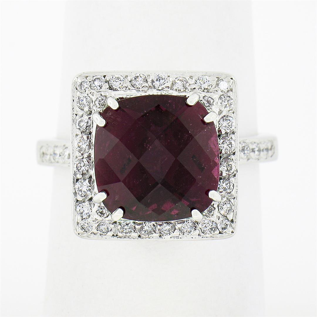 14k White Gold 5.6 ctw GIA Cushion Rubellite Tourmaline Diamond Halo Cocktail Ri