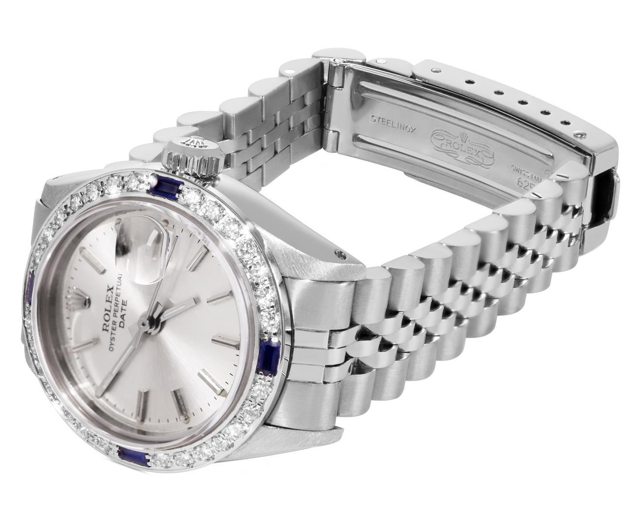 Rolex Ladies Stainless Steel Silver Index Diamond And Sapphire Date Wristwatch