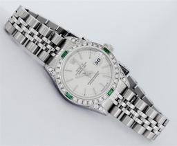 Rolex Ladies Quickset Stainless Steel Silver Index 18K White Gold Diamond & Emer