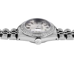 Rolex Ladies Stainless Steel Quickset Silver Index Diamond Bezel Date Watch With