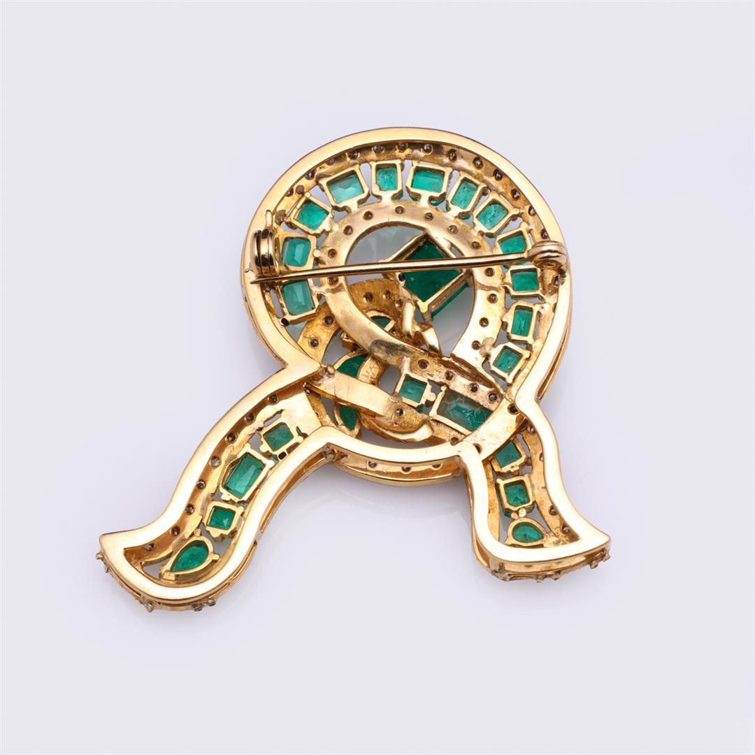 Vintage 18K Yellow Gold Ribbon Brooch with Emeralds & Diamonds