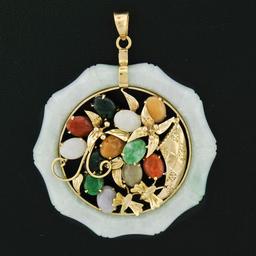 Vintage 14k Gold Multi Color Carved Jade Bamboo Floral Butterfly Large Pendant