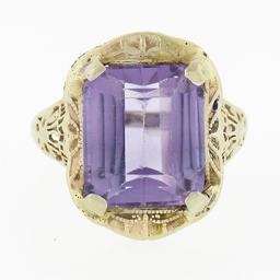 Antique Art Deco 14k Gold Rectangular Step Cut Amethyst Solitaire Filigree Ring