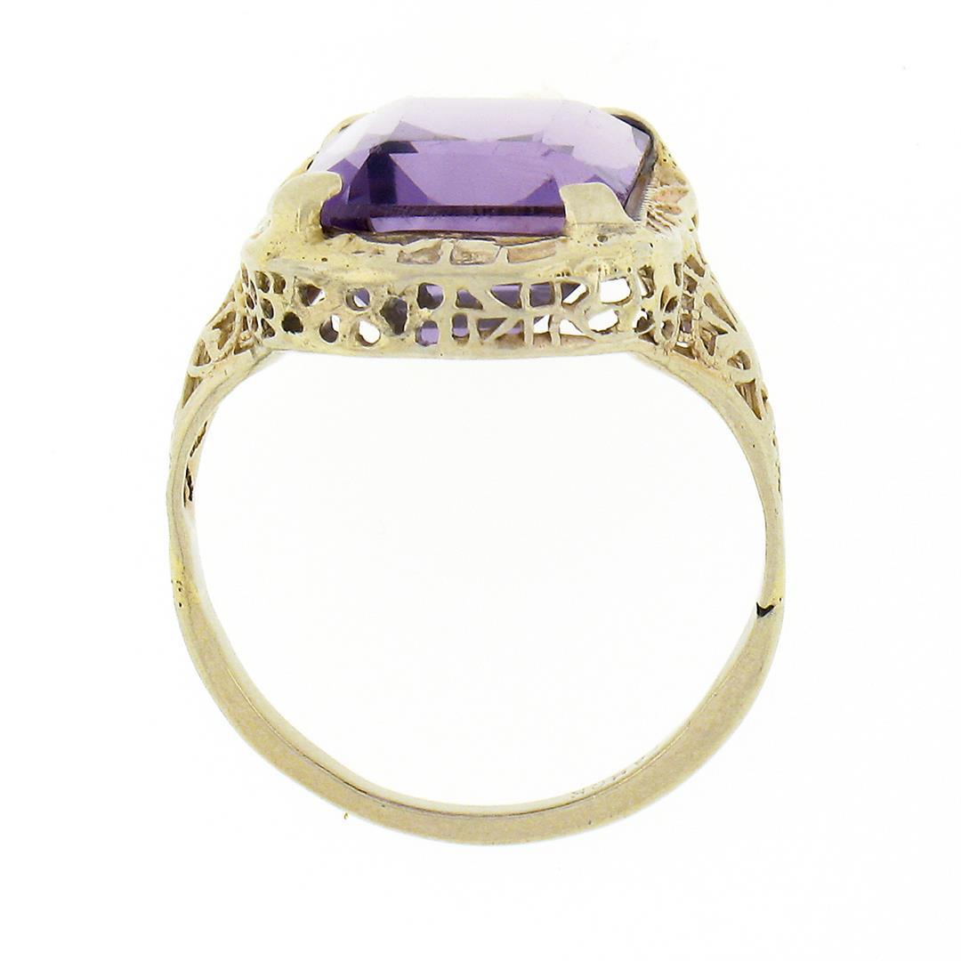 Antique Art Deco 14k Gold Rectangular Step Cut Amethyst Solitaire Filigree Ring