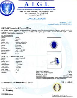 4.95 ctw Tanzanite and 1.05 ctw Diamond 18K White Gold Ring