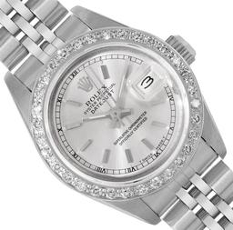 Rolex Ladies Quickset 18K White Gold Diamond Bezel Datejust Watch With Rolex Box