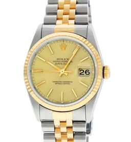 Rolex Mens 18K Yellow Gold And Stainless Steel Champagne Index Fluted Bezel Date