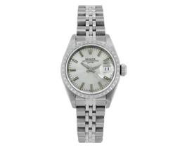 Rolex Ladies Stainless Steel Silver Index Engine Turn Bezel Date Wristwatch With
