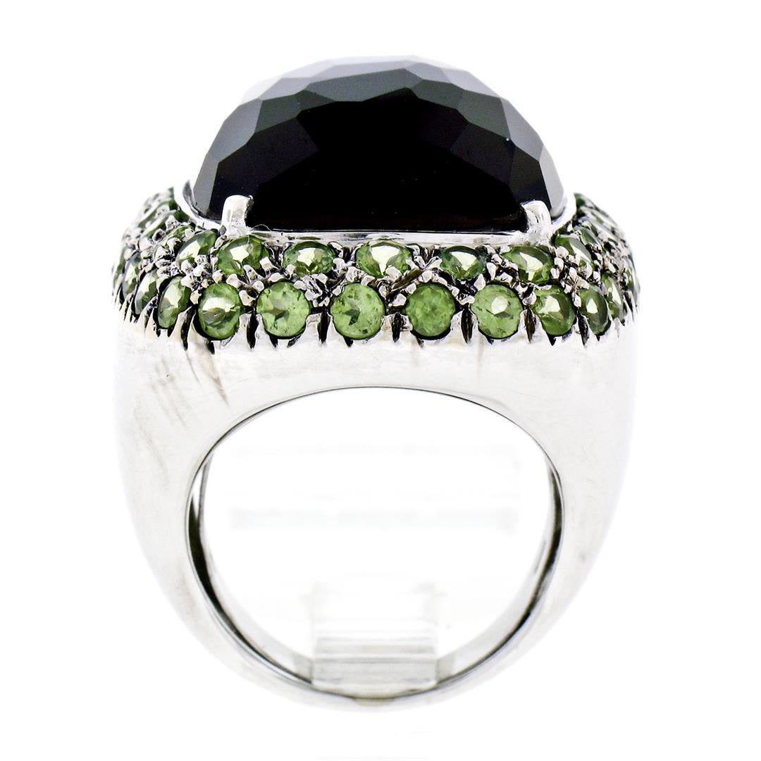 18K White Gold 37.60 ctw Large Faceted Smokey Topaz Solitaire & Peridot Halo Rin